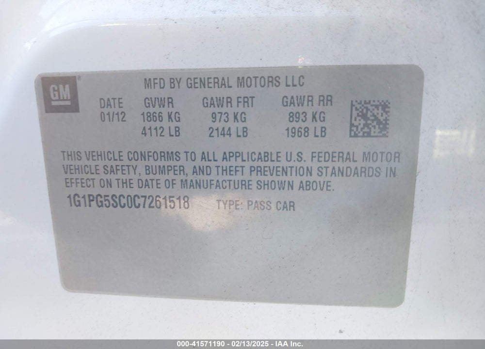 2012 CHEVROLET CRUZE VIN: 1G1PG5SC0C7261518