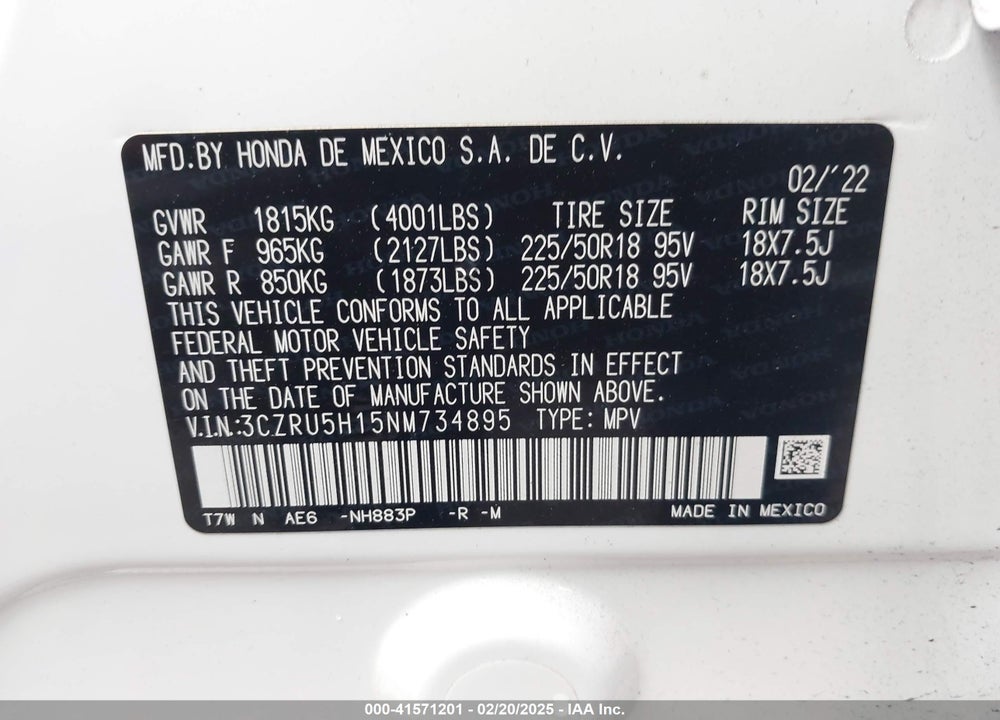 2022 HONDA HR-V 2WD SPORT VIN: 3CZRU5H15NM734895
