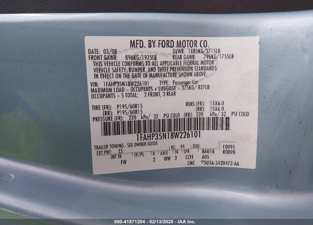 2008 FORD FOCUS SE/SES VIN: 1FAHP35N18W226101