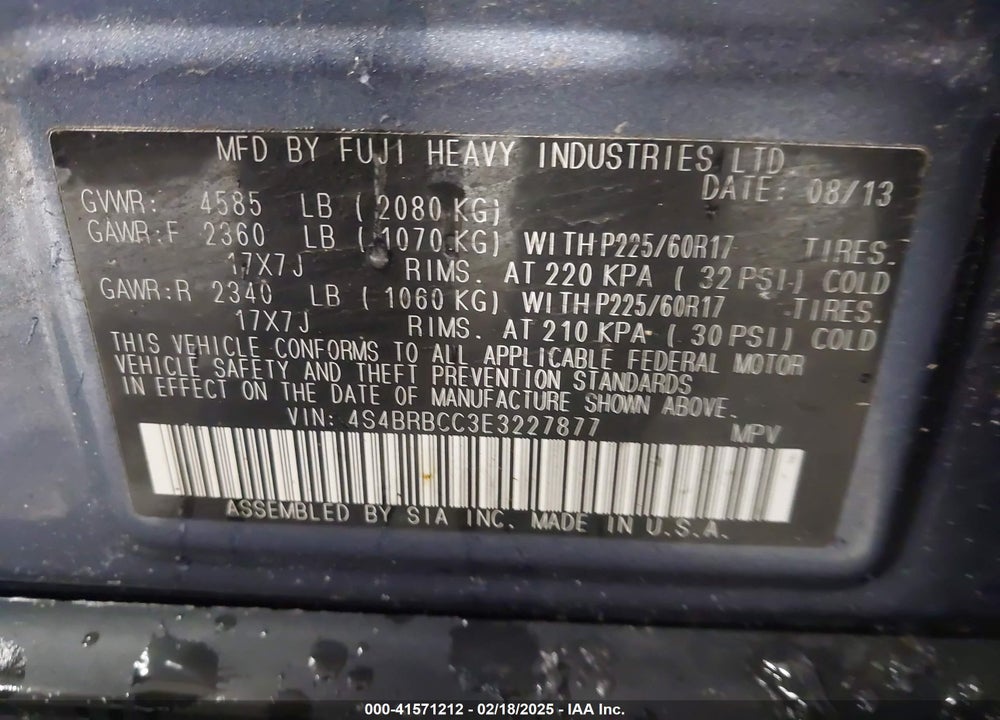 2014 SUBARU OUTBACK 2.5I PREMIUM VIN: 4S4BRBCC3E3227877