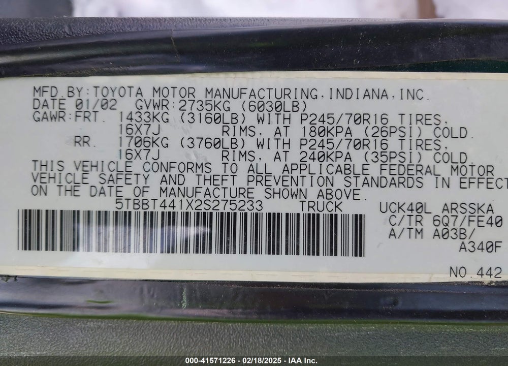 2002 TOYOTA TUNDRA SR5 V8 VIN: 5TBBT441X2S275233