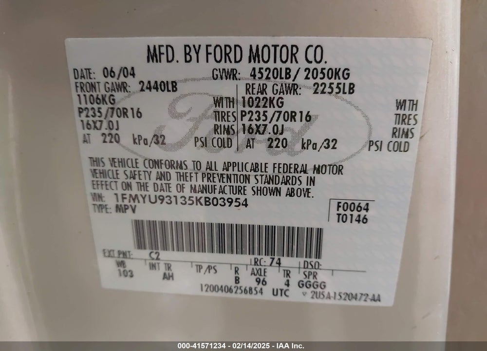 2005 FORD ESCAPE XLT VIN: 1FMYU93135KB03954