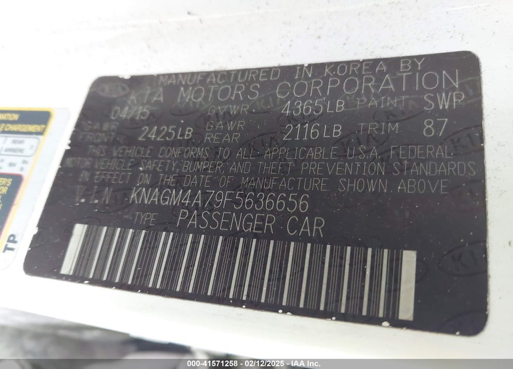 2015 KIA OPTIMA VIN: KNAGM4A79F5636656