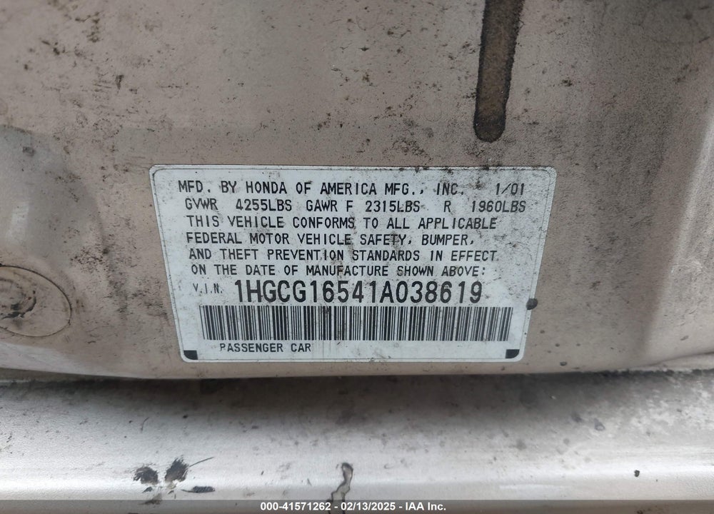 2001 HONDA ACCORD 3.0 EX VIN: 1HGCG16541A038619