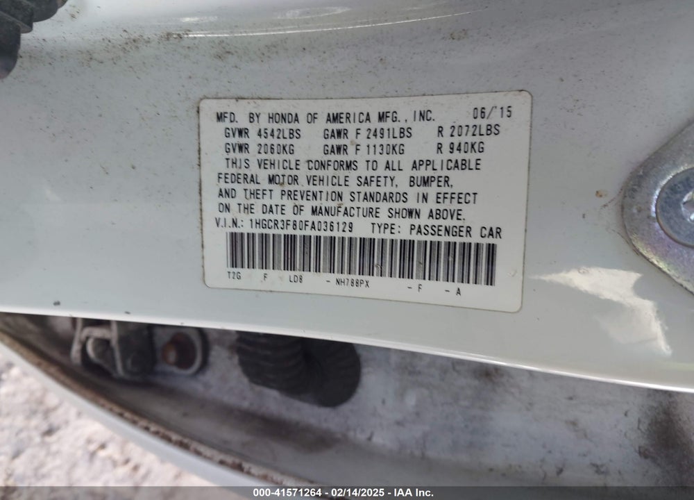 2015 HONDA ACCORD VIN: 1HGCR3F80FA036129
