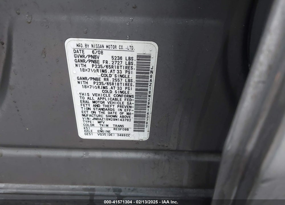 2009 NISSAN MURANO S VIN: JN8AZ18W29W143782