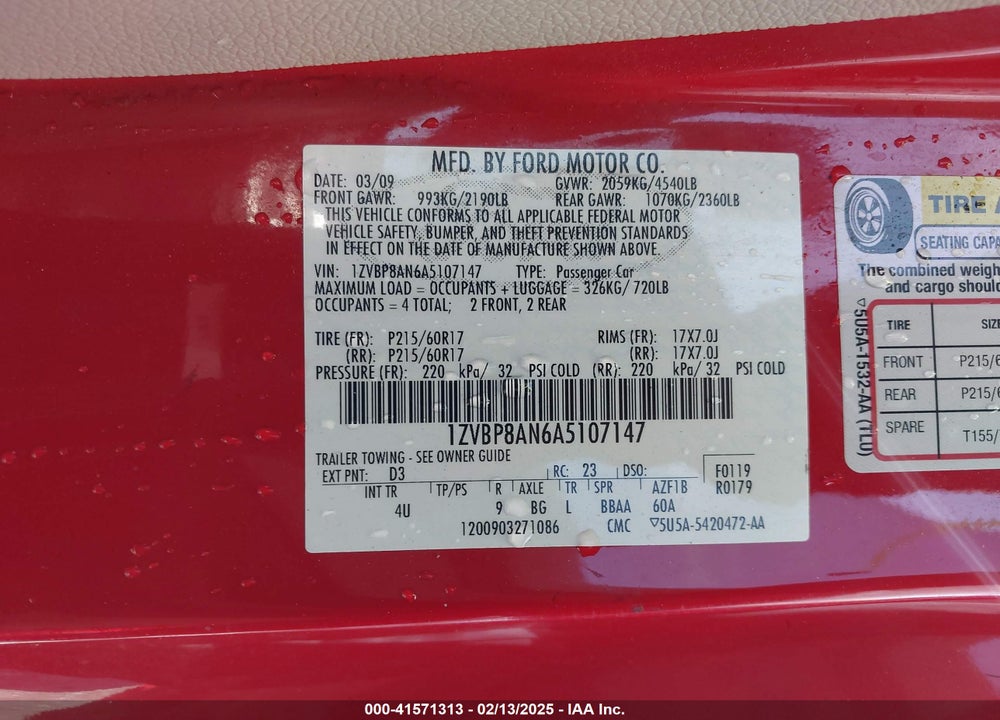 2010 FORD MUSTANG V6/V6 PREMIUM VIN: 1ZVBP8AN6A5107147