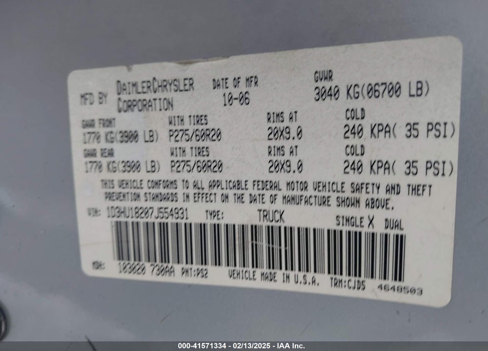 2007 DODGE RAM 1500 VIN: 1D3HU18207J554931
