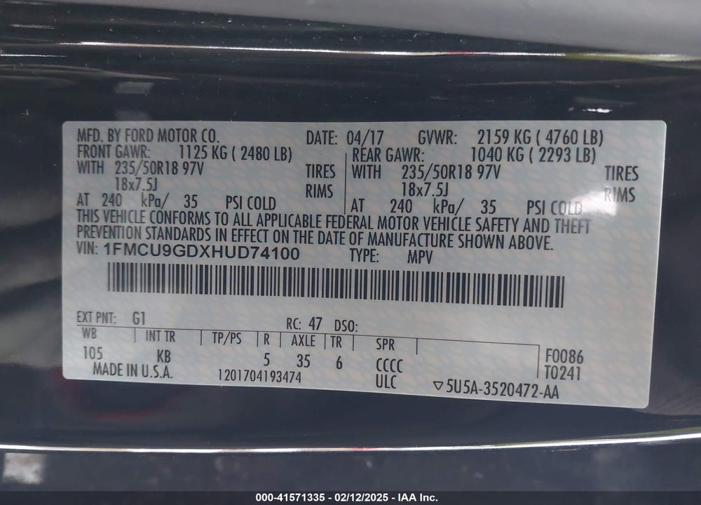 2017 FORD ESCAPE SE VIN: 1FMCU9GDXHUD74100