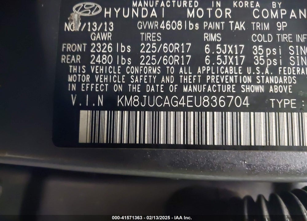 2014 HYUNDAI TUCSON VIN: KM8JUCAG4EU836704