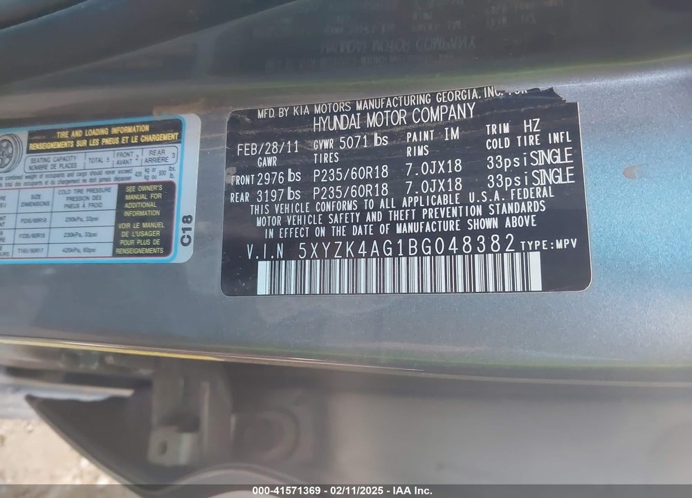 2011 HYUNDAI SANTA FE LIMITED V6 VIN: 5XYZK4AG1BG048382