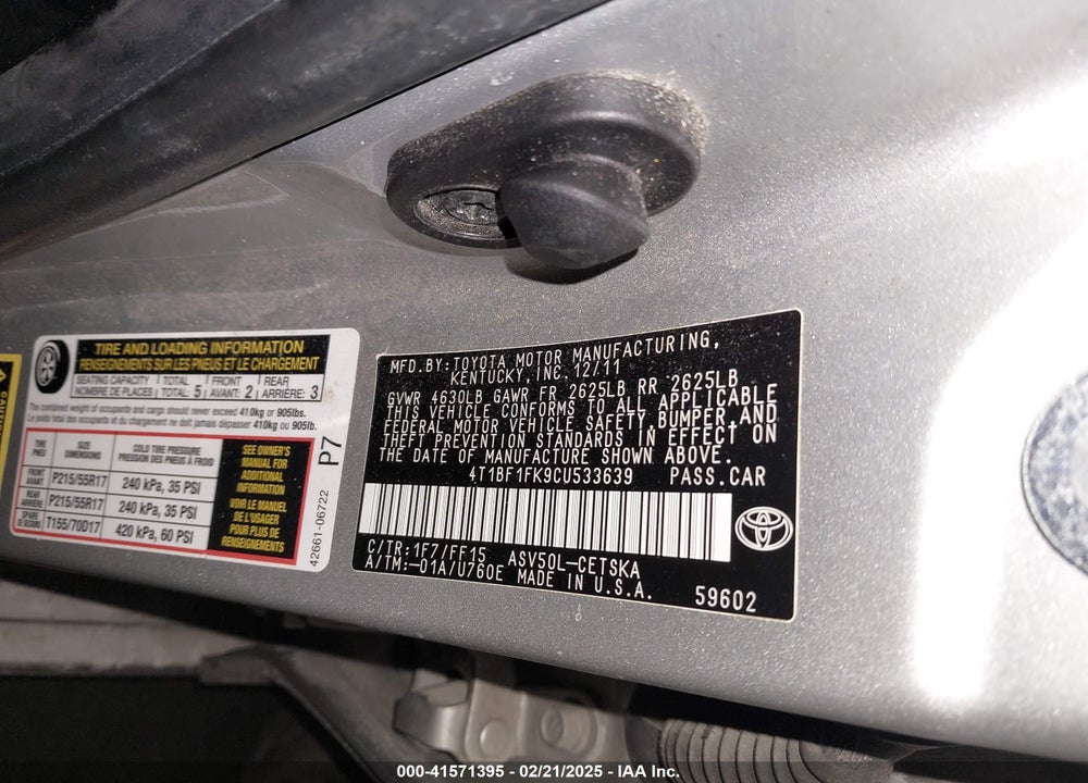 2012 TOYOTA CAMRY VIN: 4T1BF1FK9CU533639