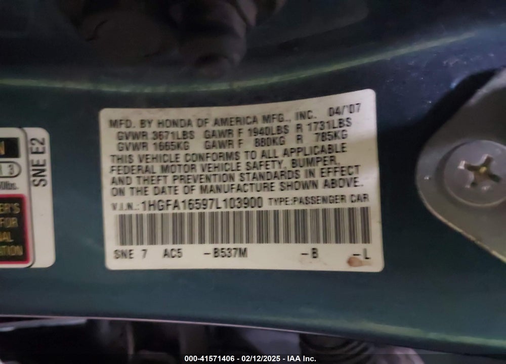 2007 HONDA CIVIC LX VIN: 1HGFA16597L103900