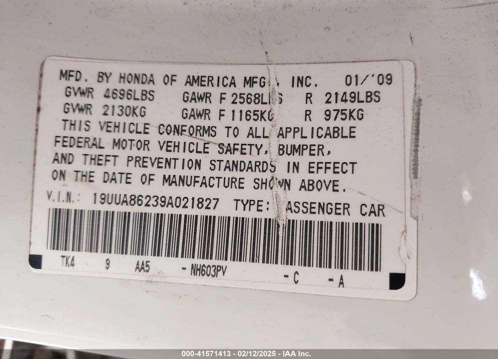 2009 ACURA TL VIN: 19UUA86239A021827