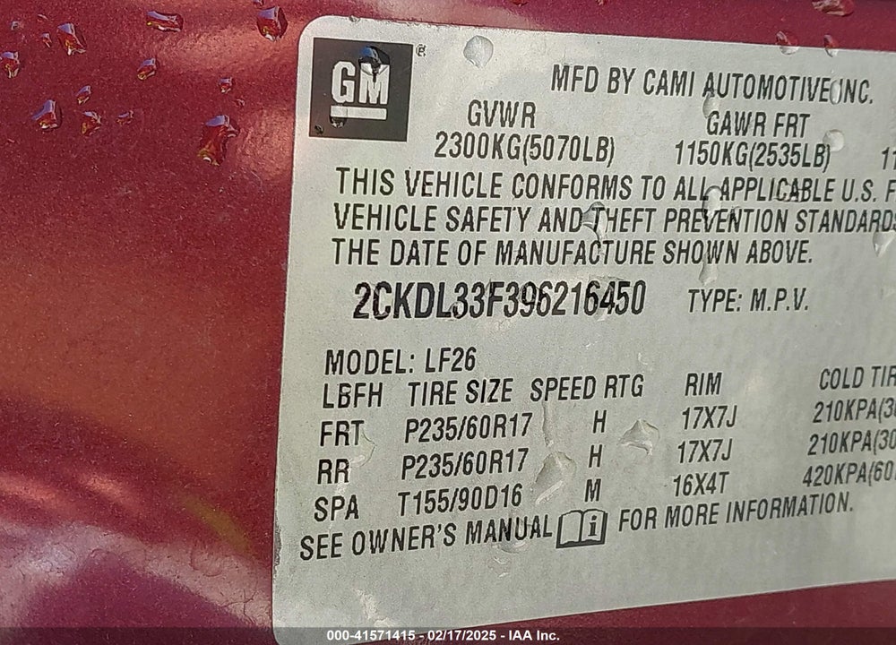 2009 PONTIAC TORRENT VIN: 2CKDL33F396216450