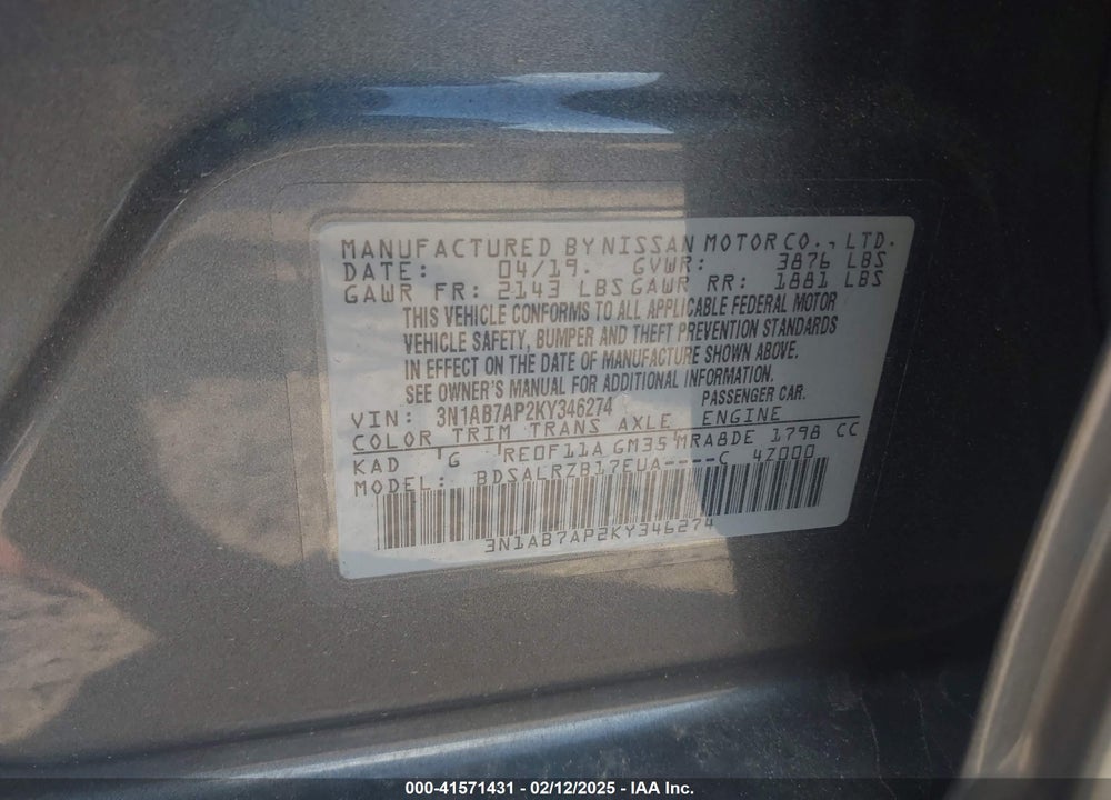 2019 NISSAN SENTRA VIN: 3N1AB7AP2KY346274