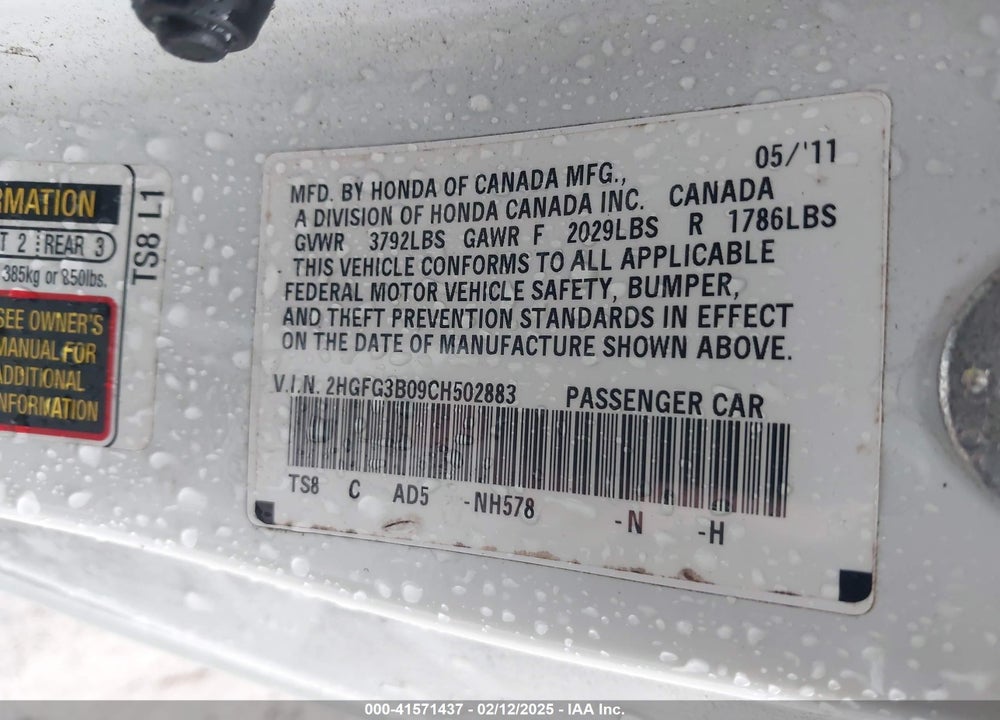 2012 HONDA CIVIC EX-L VIN: 2HGFG3B09CH502883