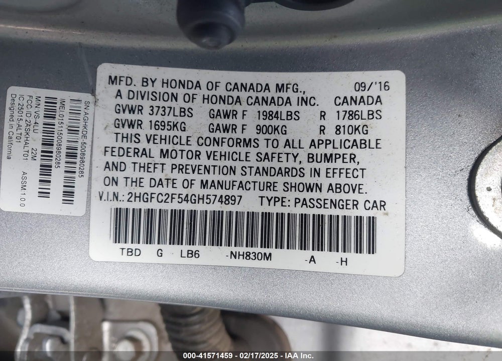 2016 HONDA CIVIC VIN: 2HGFC2F54GH574897
