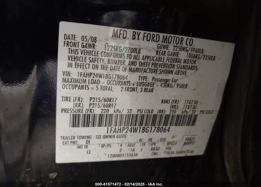 2008 FORD TAURUS SEL VIN: 1FAHP24W18G178064