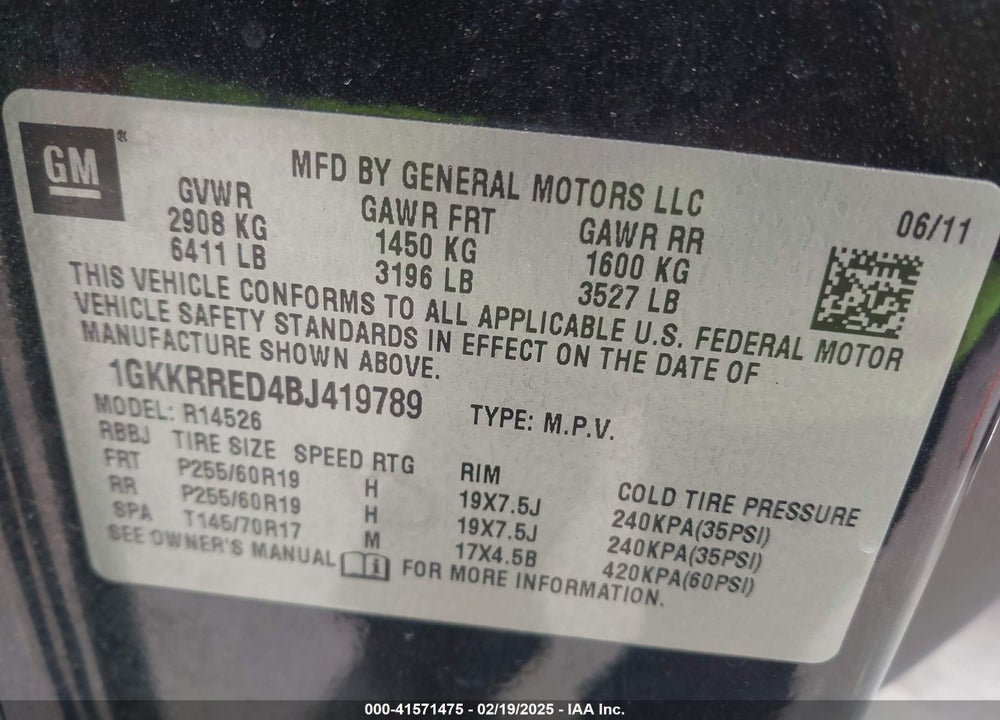2011 GMC ACADIA VIN: 1GKKRRED4BJ419789