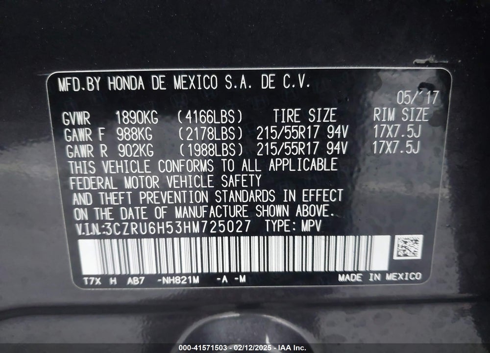 2017 HONDA HR-V EX VIN: 3CZRU6H53HM725027