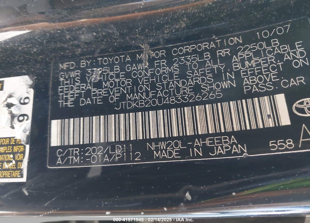 2008 TOYOTA PRIUS TOURING VIN: JTDKB20U483326265