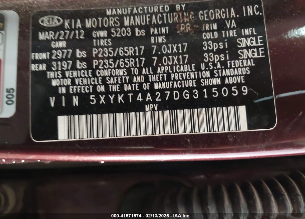 2013 KIA SORENTO LX V6 VIN: 5XYKT4A27DG315059