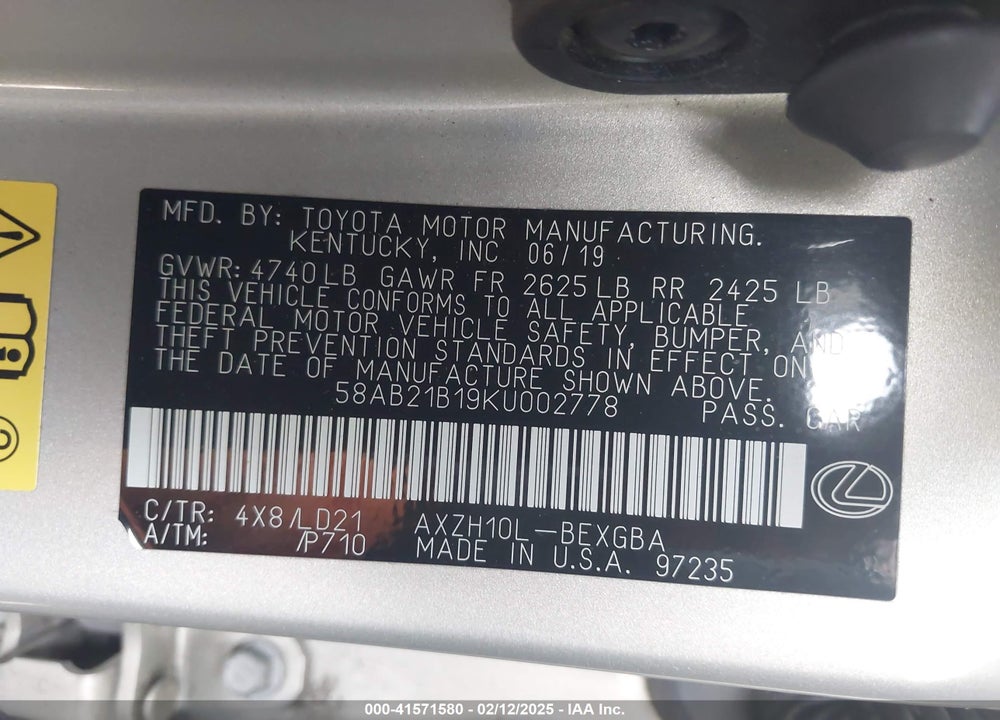 2019 LEXUS ES300 VIN: 58AB21B19KU002778