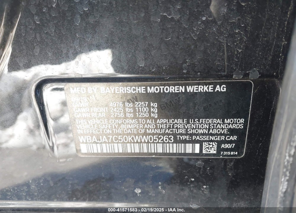 2019 BMW 530I VIN: WBAJA7C50KWW05263