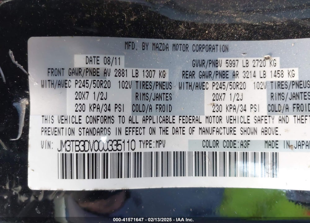 2012 MAZDA CX-9 VIN: JM3TB3DV0C0335110