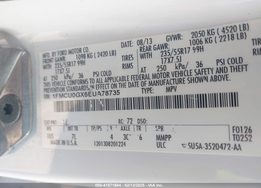 2014 FORD ESCAPE VIN: 1FMCU0GX6EUA78735