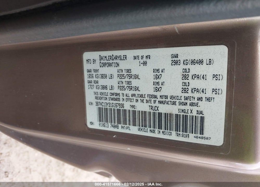 2001 DODGE RAM 1500 ST VIN: 3B7HC13Y31G167936
