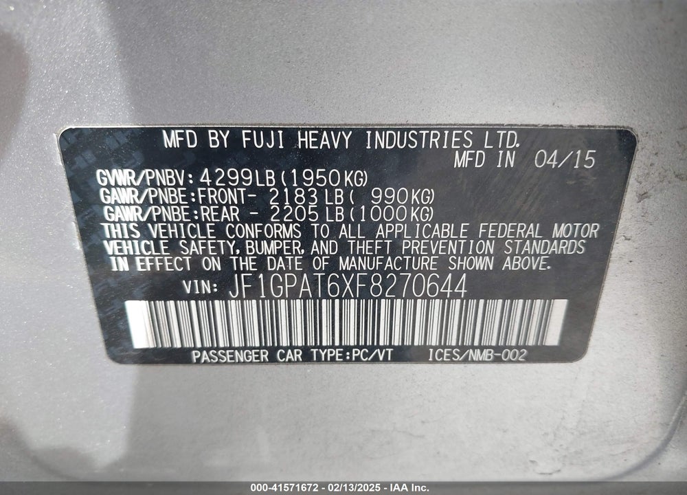 2015 SUBARU IMPREZA VIN: JF1GPAT6XF8270644