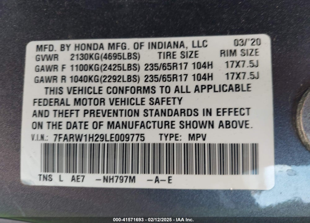 2020 HONDA CR-V 2WD LX VIN: 7FARW1H29LE009775