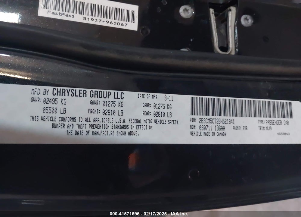 2011 DODGE CHARGER R/T VIN: 2B3CM5CT2BH521841