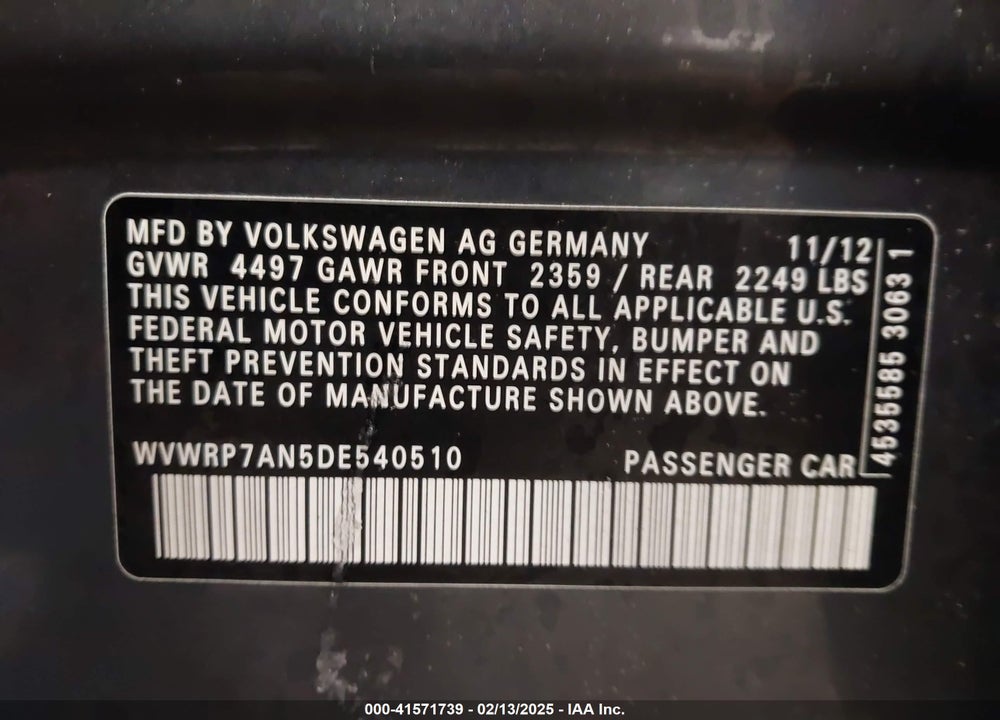 2013 VOLKSWAGEN CC VIN: WVWRP7AN5DE540510