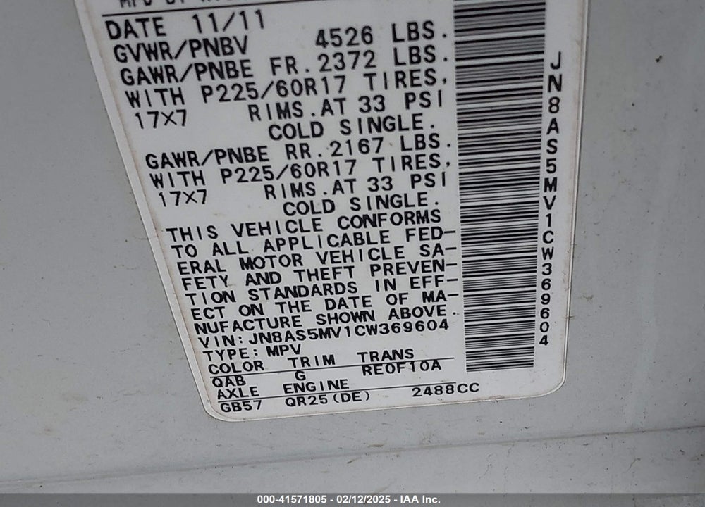 2012 NISSAN ROGUE VIN: JN8AS5MV1CW369604