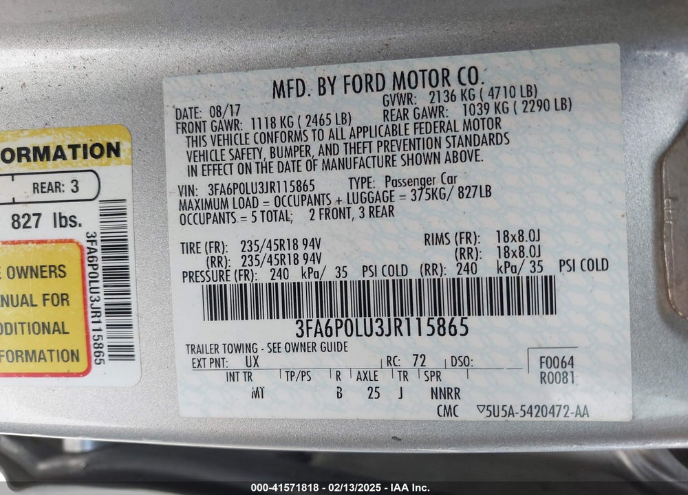 2018 FORD FUSION HYBRID SE VIN: 3FA6P0LU3JR115865
