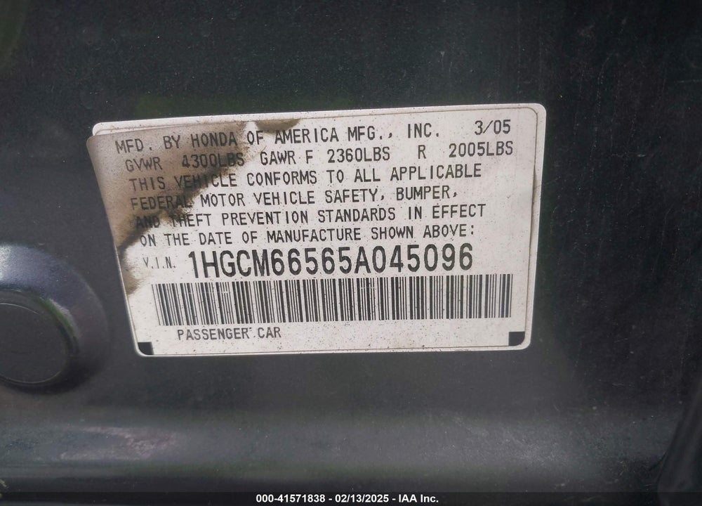 2005 HONDA ACCORD 3.0 EX VIN: 1HGCM66565A045096