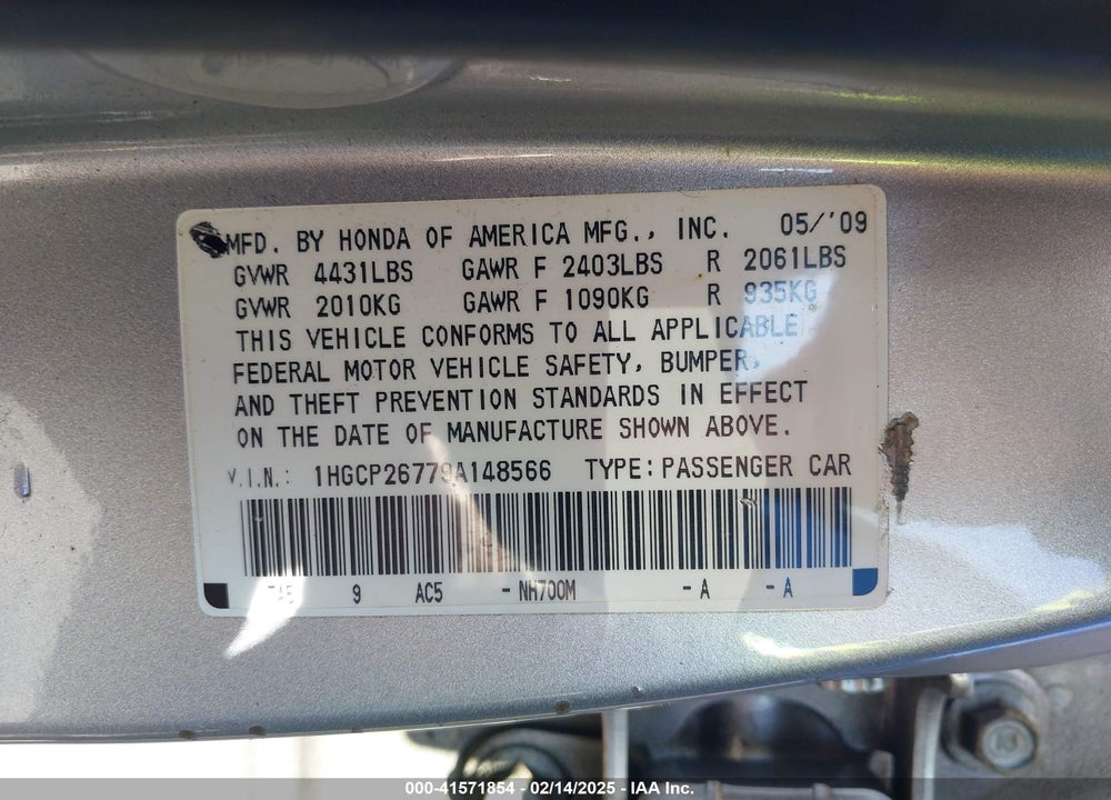 2009 HONDA ACCORD 2.4 EX VIN: 1HGCP26779A148566