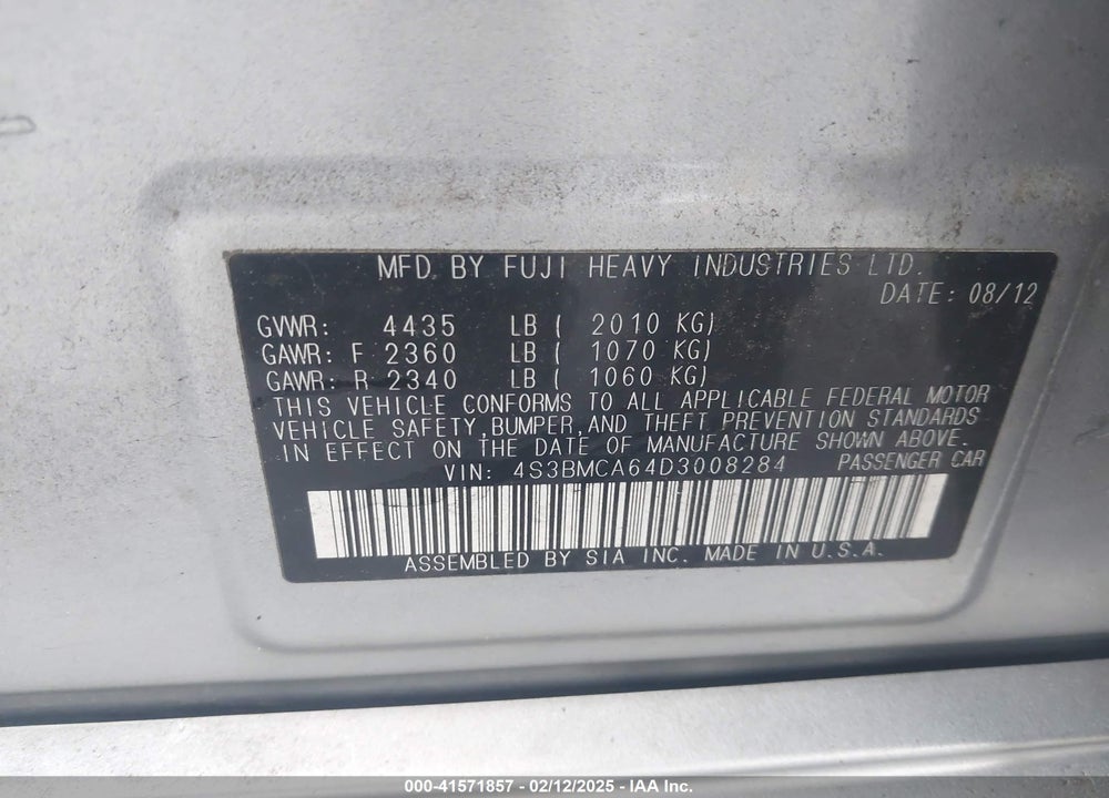 2013 SUBARU LEGACY VIN: 4S3BMCA64D3008284