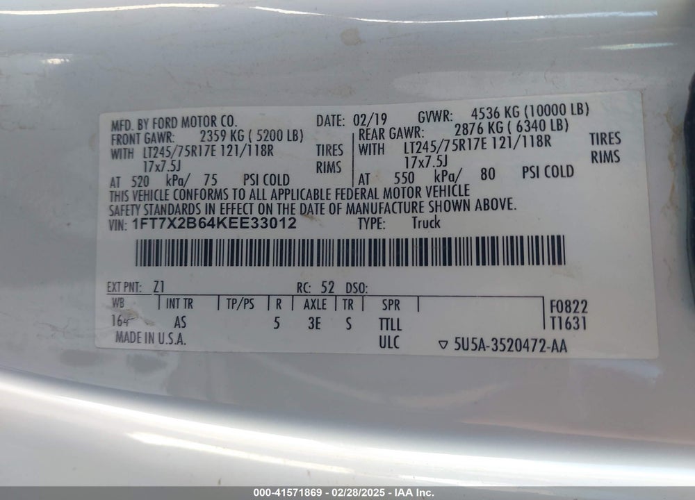2019 FORD F-250 VIN: 1FT7X2B64KEE33012