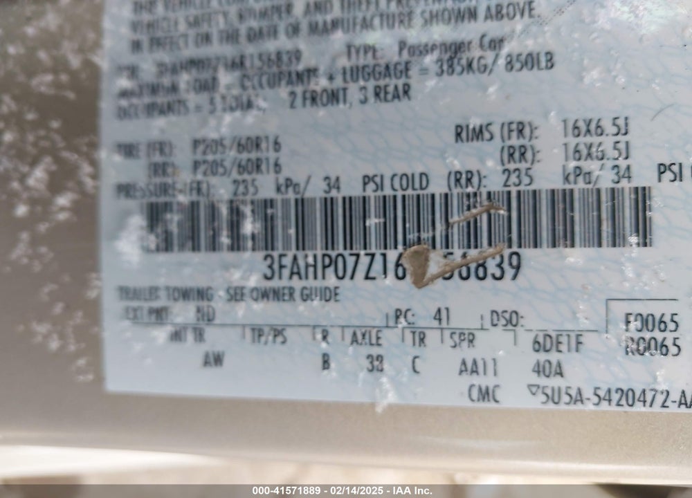 2006 FORD FUSION SE VIN: 3FAHP07Z16R156839