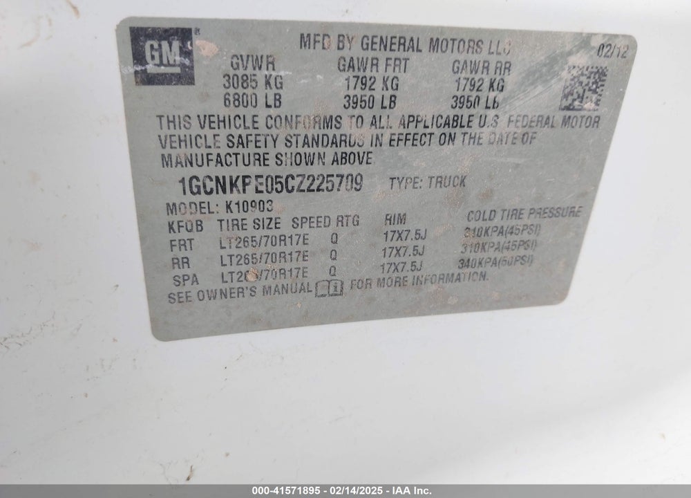 2012 CHEVROLET SILVERADO 1500 WORK TRUCK VIN: 1GCNKPE05CZ225709