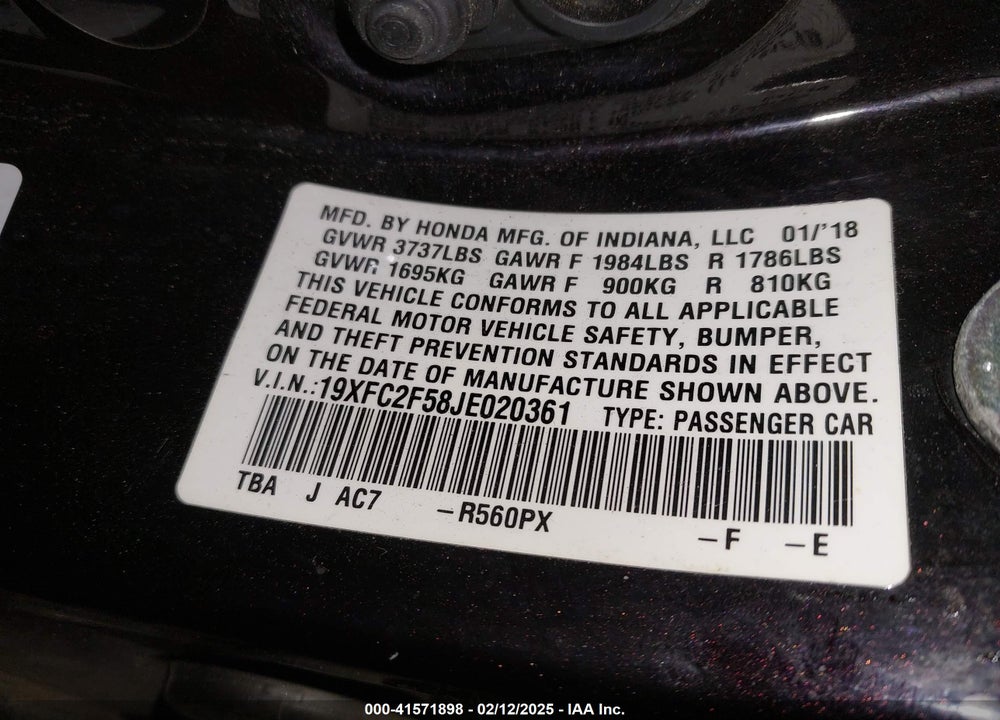 2018 HONDA CIVIC VIN: 19XFC2F58JE020361