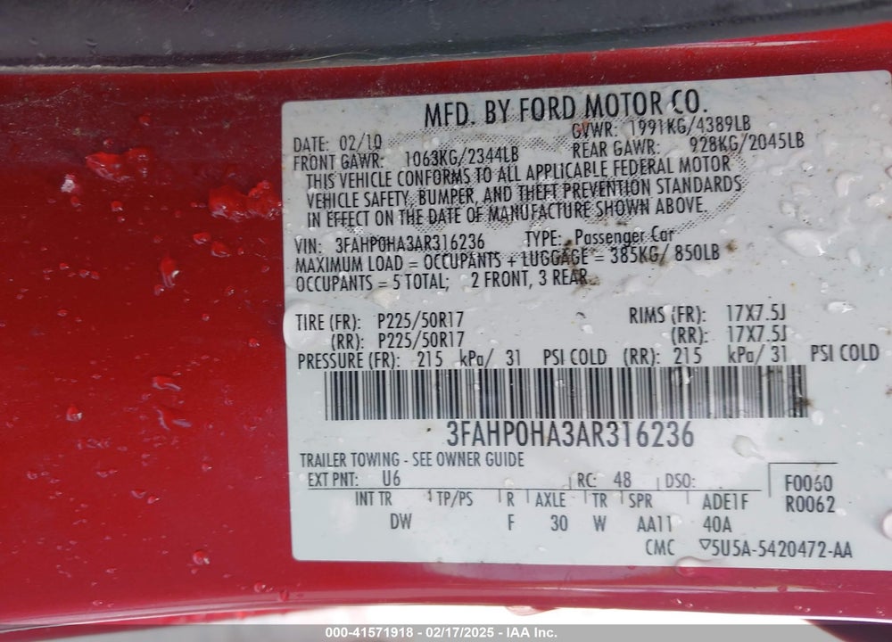 2010 FORD FUSION SE VIN: 3FAHP0HA3AR316236