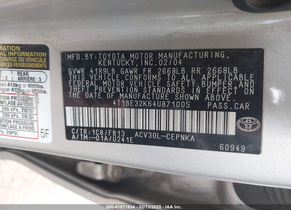 2004 TOYOTA CAMRY VIN: 4T1BE32K64U871005