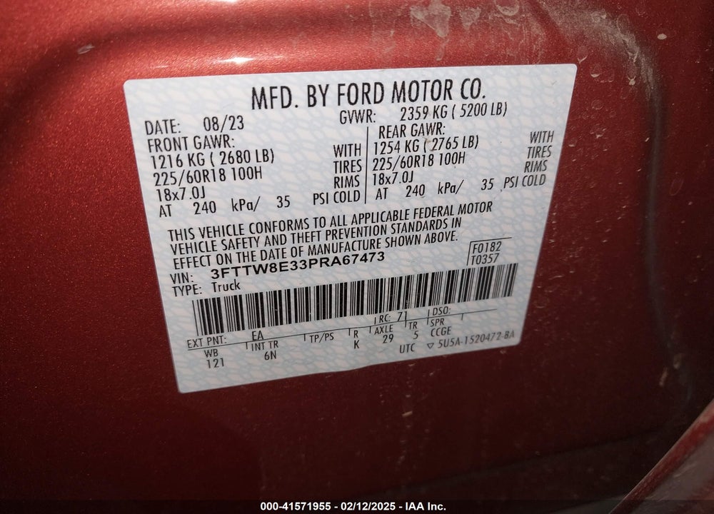 2023 FORD MAVERICK VIN: 3FTTW8E33PRA67473