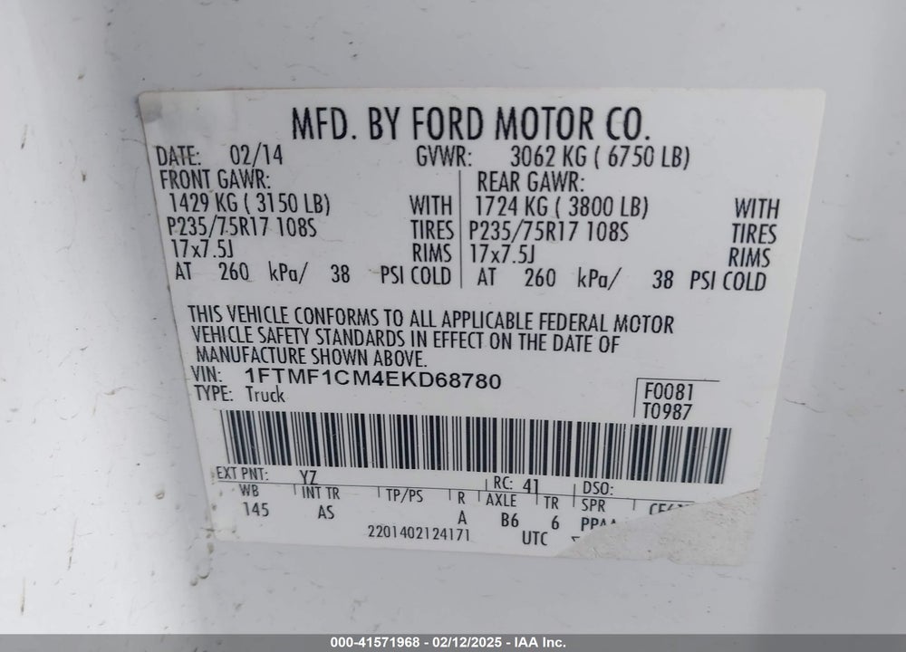 2014 FORD F-150 VIN: 1FTMF1CM4EKD68780
