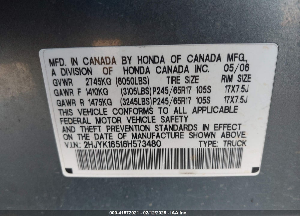 2006 HONDA RIDGELINE VIN: 2HJYK16516H573480